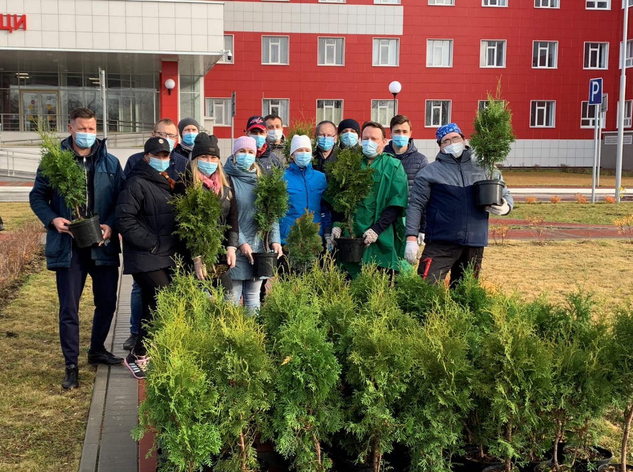 Волонтеры Рязанского отделения Сбербанка посадили вечнозелёные туи на территории БСМП