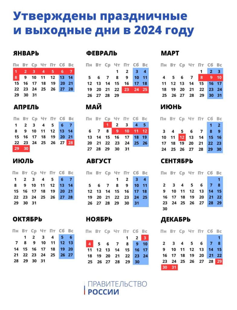 Утверждены праздничные и выходные дни в 2024 году Утверждены праздничные и выходные дни в 2024 году В частности, на 31 декабря и 10 мая перенесены выходные дни с 6 и 7 января. Они и так являются нерабочими праздничными днями.