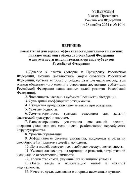 Стало известно, по каким критериям оценят эффективность Малкова В список вошли 21 критерий. В их числе — доверие людей к власти, уровень рождаемости, удовлетворенность ветеранов СВО и уровень образования.