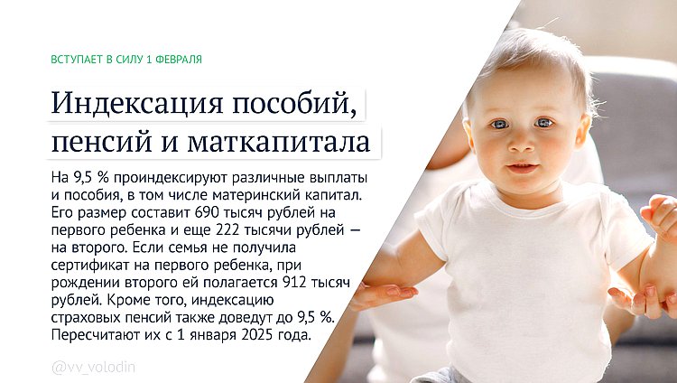 Материнский капитал увеличится на 9,5% и достигнет 912 тысяч рублей Вячеслав Володин рассказал, какие законы вступают в силу в феврале.