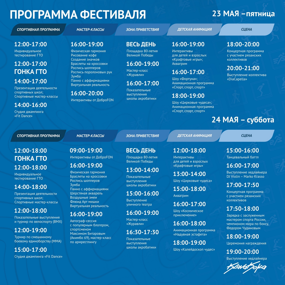 Клава Кока выступит в Рязани на закрытии Фестиваля ГТО Клава Кока выступит в Рязани на закрытии Фестиваля ГТО Полная программа Фестиваля, который пройдёт на Лыбедском бульваре 23 и 24 мая.