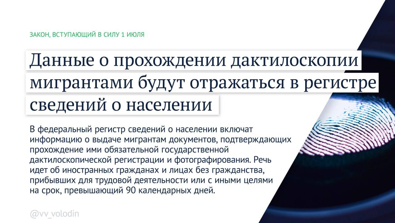 Володин рассказал, какие законы вступают в силу в июле 2025 года Среди инициатив — дополнительные меры по защите граждан от мошенников, усиление контроля за мигрантами и деятельностью иноагентов